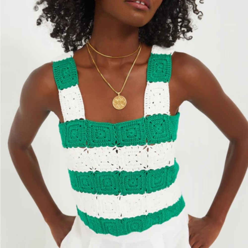 Tuckernuck Green and White Crochet Tank Top